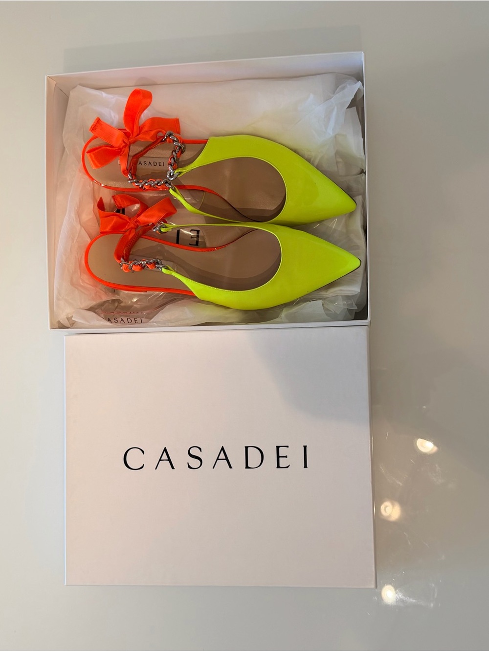 Casadei Neon Yellow Slingback Flats with Bright Orange Ties